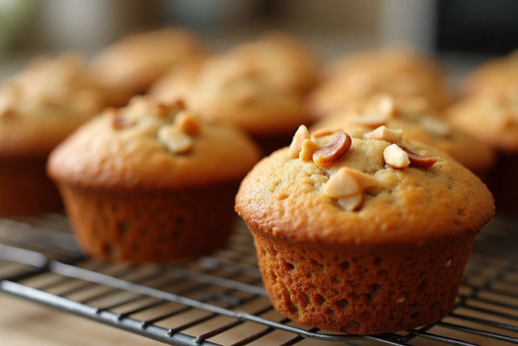 Freshly baked banana muffins on a cooling rack.