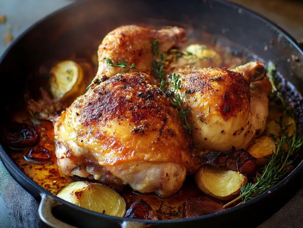 "Golden baked chicken garnished with fresh herbs and lemon wedges on a rustic wooden table